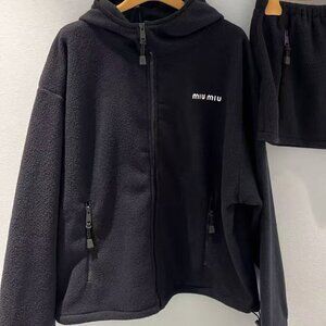 MIUMIU FW25 Valentine's Day Collection Solid Color Fleece Hooded Zip-Up Sweatshi